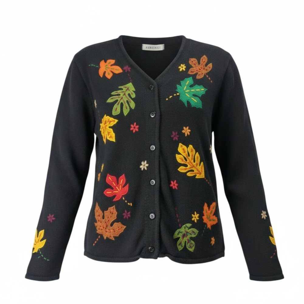 VTG Arriviste Women's M Embroidered & Beaded Fall Leaves Knit Cardigan Sweater